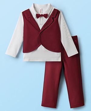 Babyhug Knit Full Sleeves Partywear T-shirt & Pant set with waistcoat applique - Maroon