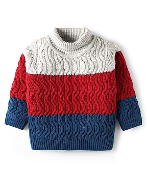 Babyhug Knitted Full Sleeves Turtle Neck Pullover Sweater With Color Block & Cable Knit Design - Multicolor