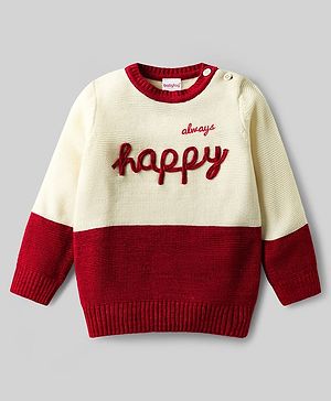 Babyhug Knitted Full Sleeves Pullover Sweater With Text Embroidery - Dark Red & Cream