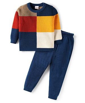 Babyhug Knitted Full Sleeves Pullover Sweater Set With Color Block Design - Navy Blue