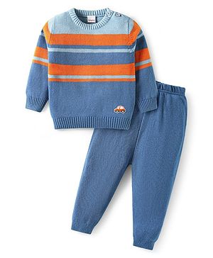 Babyhug Knit Full Sleeves Pullover Sweater Set with Color Block Design & Car Patch - Blue