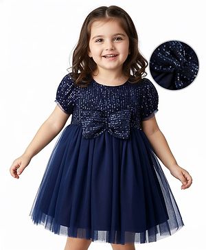 Babyhug Woven Half Sleeves Mesh Party Dress With Sequin Detailing & Bow Applique - Navy Blue