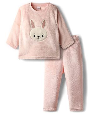 Babyhug Knit Full Sleeves T-Shirt & Lounge Pant Set with Bunny Embroidery - Pink
