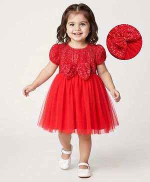 Babyhug Mesh Woven Half Sleeves Flared Partywear Dress With Sequins - Red