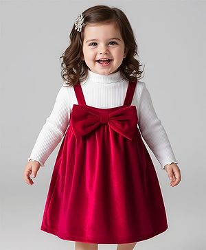 Babyhug Velour Knit Full Sleeves Inner Tee & Party Dress with Bow Applique - Maroon