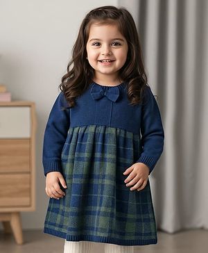 Babyhug Knit Full Sleeves Checkered Woollen Dress with Bow Applique - Navy Blue