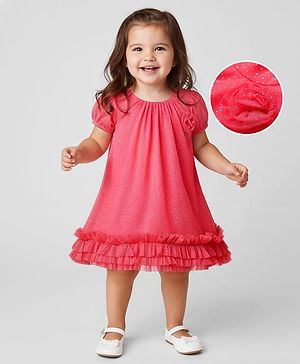 Babyhug Woven Half Sleeves Shimmered Partywear Dress With Frill Detailing & Floral Applique - Pink
