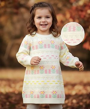 Babyhug Sweater Knit Full Sleeves Woolen Dress with Floral Design - White