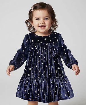 Babyhug Velour Woven Full Sleeves Party Dress With Foil Star Print - Navy Blue