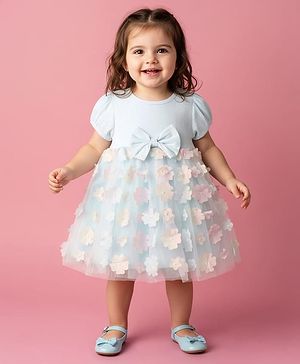 Babyhug Woven Half Puffed Sleeves Flared Partywear Dress With Floral & Bow 3D Applique - Light Blue