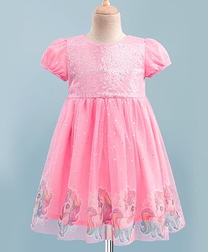 Babyhug Soft Mesh Half Sleeves Fit & Flare Party Dress With Digital Unicorn Print & Sequins Detailing on Yoke - Pink