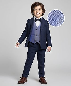 Babyhug Knit Full Sleeves Solid 4 Piece Party Suit With Bow - Navy Blue