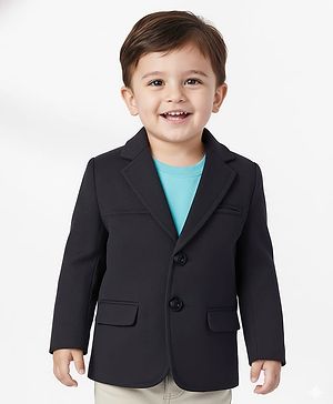 Babyhug Woven Full Sleeves Solid Overcoat Blazer - Navy Blue