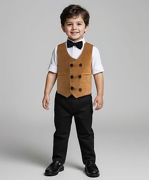 Babyhug Woven Full Sleeves Solid Color 3 Piece Party Suit with Bow - Tan