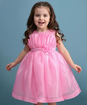 Babyhug Woven Sleeveless Solid Party Dress With Floral Applique - Baby Pink