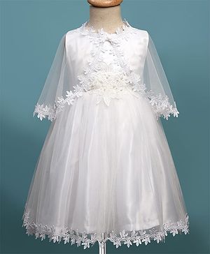 Babyhug Woven Sleeveless Mesh Party Dress with Shrug Floral Design & Pearl Detailing - White