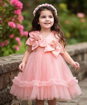Babyhug Woven Sleeveless Fit & Flare Partywear Mesh Dress With Floral Corsage - Peach