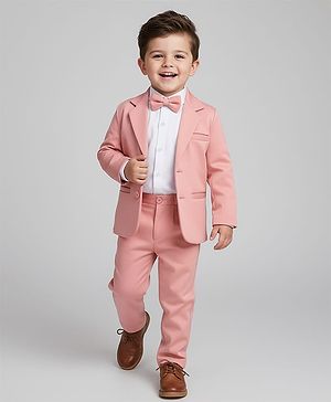 Babyhug Knit Full Sleeves Solid Color 3 Piece Party Suit with Bow - Pink
