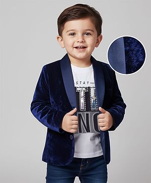 Babyhug Velour Knit Full Sleeves Solid Blazer With Strong Text Printed T-Shirt - Navy Blue & White