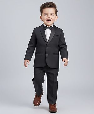 Babyhug Knit Full Sleeves Solid Three Piece Party Suit Set with Bow - Black