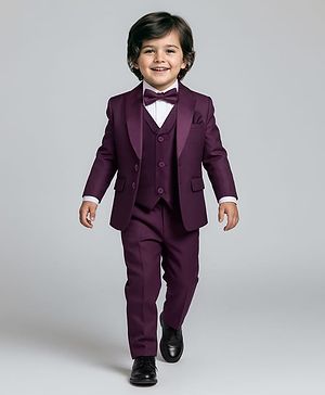 Babyhug Woven Full Sleeves Solid Color 4 Piece Party Suit with Bow Applique - Maroon