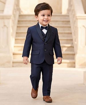 Babyhug Woven Four Piece Party Suit Set with Bow - Navy Blue