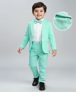 Babyhug Woven Full Sleeves Solid 3 Piece Party Suit With Bow - Sea Green