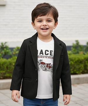 Babyhug Knit Full Sleeves Party Wear Solid Blazer & T-Shirt with Racer Text Print - Black & White