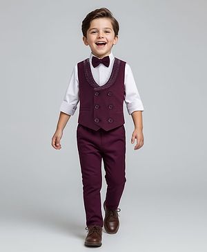 Babyhug Knit Full Sleeves Solid Color 3 Piece Party Suit with Bow - White & Wine