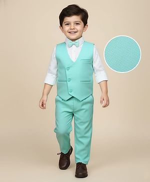 Babyhug Knit Full Sleeves Solid Color 3 Piece Party Suit with Bow Applique - Mint