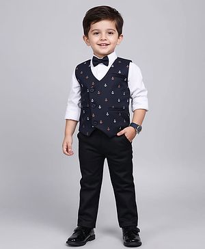 Babyhug Knit Full Sleeves 3 Piece Party Suit with Bow & Anchor Glitter Print - Navy Blue