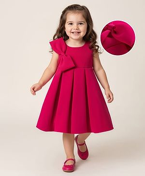 Babyhug Scuba Woven Sleeveless Partywear Fit and Flare Dress with Bow Applique - Dark Pink