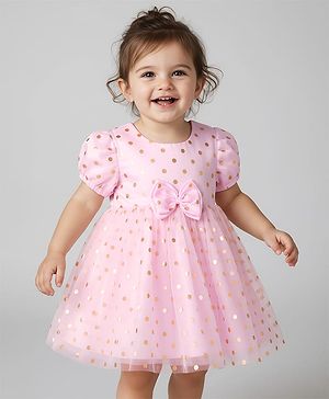 Babyhug Woven Half Puffed Sleeves Mesh Party Dress With Foil Polka Dot Print & Bow Applique - Pink