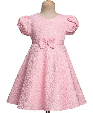 Babyhug Mesh Woven Puffed  Sleeves Fit & Flare Party Dress with Embossed Design & Bow Applique - Pink