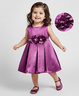 Babyhug Woven Sleeveless Pleated Party Dress With Floral Corsage - Purple