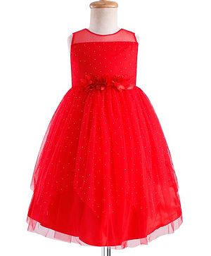 Babyhug Mesh Woven Sleeveless Fit & Flare Party Gown with Glitter & Floral Applique - Red