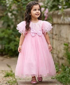 Babyhug Woven Half Sleeves Party Gown With Bow Applique & Sequin Detailing - Pink