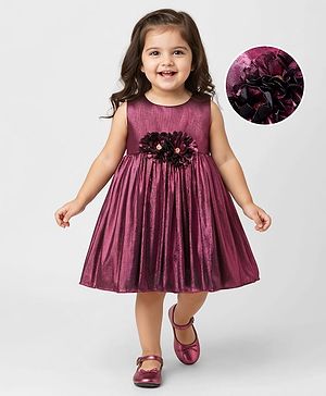 Babyhug Woven Partywear Sleeveless Fit and Flare Metallic Dress with Floral Applique - Maroon