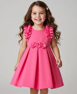 Babyhug Woven Frilled Sleeves Flared Scuba Dress With Corsage - Pink