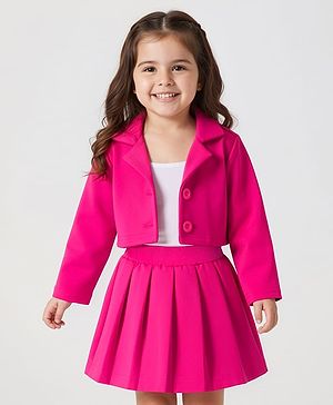 Babyhug Scuba Woven Full Sleeves Solid Jacket & Skirt With Inner Top - Dark Pink