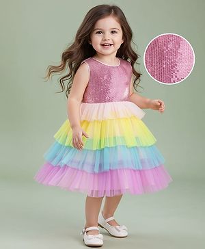 Babyhug Woven Sleeveless Mesh Party Dress With Sequinned Yoke - Multicolor