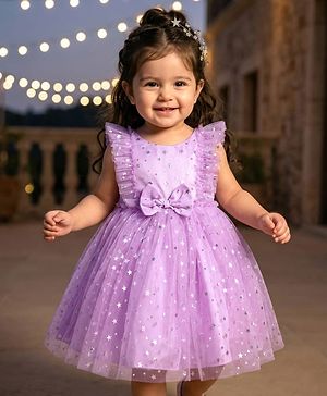 Babyhug Frill Sleeves Stars Foil Printed & Bow Detailing Fit & Flare Mesh Party Dress - Purple