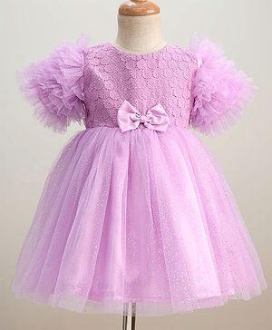 Babyhug Woven Frill Sleeves Mesh Party Dress with Bow Applique & Foil Print - Lavender
