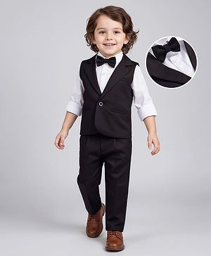 Babyhug Knit Full Sleeves Solid Color 3 Piece Party Suit with Bow - Black & White