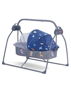 Babyhug Automatic Baby Swing Cradle With Remote Controller- Dark Grey| 5 Swing Speed| Quilted Bassinet| Works on Battery & Adapter| Pre-set Off Timer| In-built Music| Canopy Style Mosquito Net