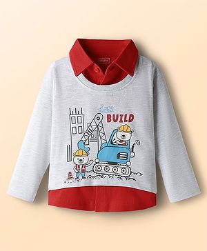 Babyhug 100% Cotton Knit Full Sleeves Mock Twofer T-Shirt with Construction Print - Light Grey