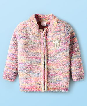 Babyhug Knitted Full Sleeves Front Open Sweater With Star Patch - Pink