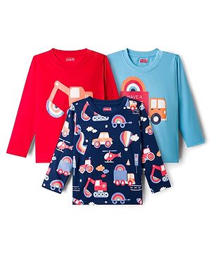 Babyhug 100% Cotton Knit Full Sleeves T-Shirts With Vehicle Print Pack of 3 - Red Navy Blue & Light Blue