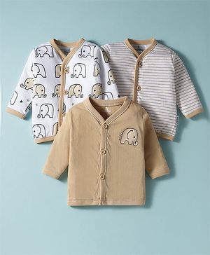 Child World Sinker Knit Full Sleeves Jhablas with Stripes & Animal Print Pack of 3 - White & Brown