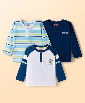 Babyhug 100% Cotton Knit Full Raglan Sleeves Henley Neck T-Shirts with Stripes & Brooklyn Print Pack of 3 - Light Blue & Navy Blue